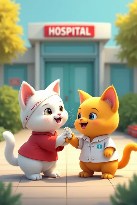 Two small and cute cats one white wearing a red shirt and another yellow cat wearing a white shirt the white cat has a doctors bandage on its head and both are outside the hospital. And some medicine in the hand of yellow cat 