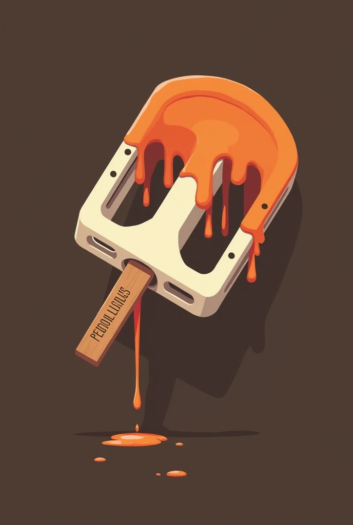 Minimalist 3d illustration of a bicycle pedal in the form of an ice cream scoop.  The structure of the pedal is white ,  while the upper part seems to melt in an orange liquid ,  giving it the appearance of melted ice cream .The stick is made of a pallet l...