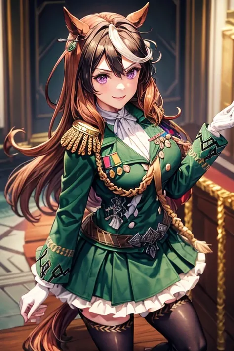 symboli rudolf,one person、girl、Horse tail、purple eyes、best quality,large breasts,Green coat, green military jacket,  green skirt, red cloak,White gloves, black tights,golden epaulettes ,Medals, gem,Button closure, full body,seductive smile,Perfect hands、Co...