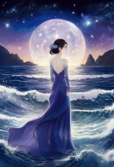 Its perched near 、 depicts a woman standing on the shore of a quiet ocean 、 a scene where beautiful tanzanite crystals shine in her hands。Moonlight reflects off the surface of the sea、As the sound of the waves quietly echoes、 the deep blue-purple color of ...