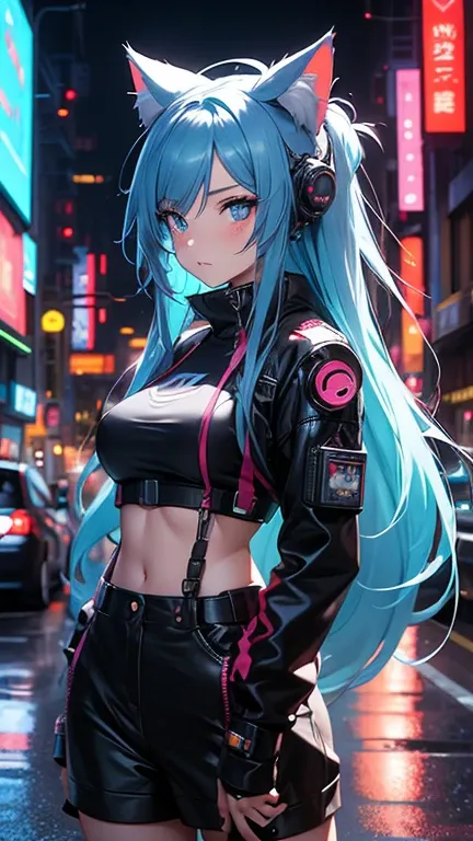 there's an anime girl in town with long hair and cat ears, digital cyberpunk anime art,  cyberpunk anime girl  mech, female  cyb...