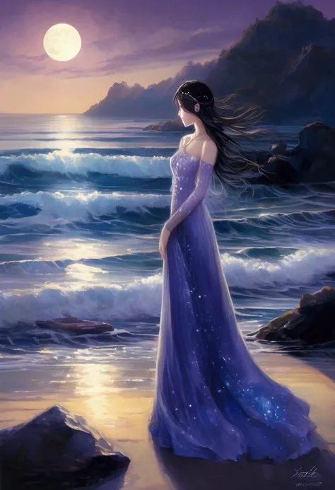 Its perched near 、 depicts a woman standing on the shore of a quiet ocean 、 a scene where beautiful tanzanite crystals shine in her hands。Moonlight reflects off the surface of the sea、As the sound of the waves quietly echoes、 the deep blue-purple color of ...