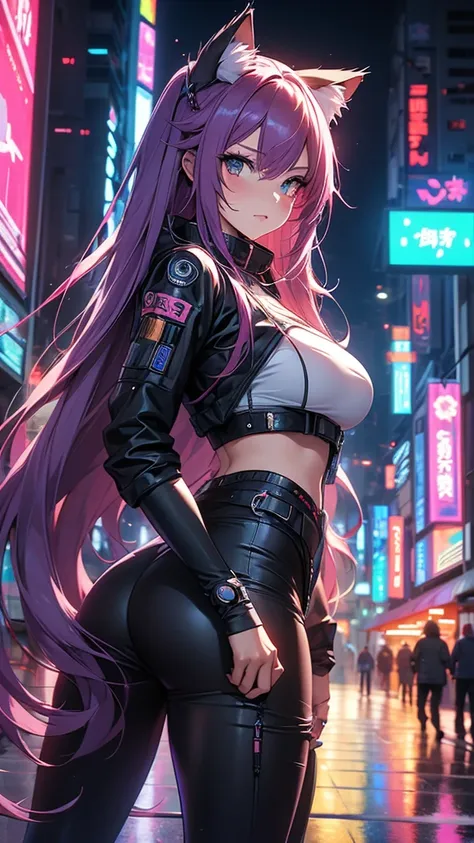 there's an anime girl in town with long hair and cat ears, digital cyberpunk anime art,  cyberpunk anime girl  mech, female  cyb...