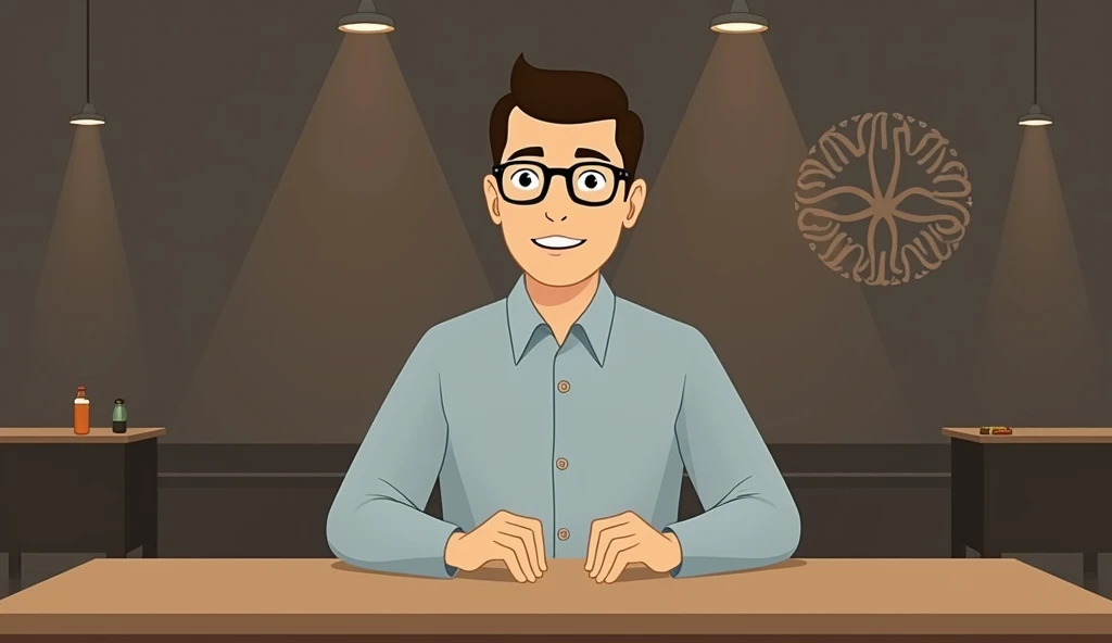 , A Man character for YouTube video who is telling history in a simple way, wearing simple glasses, keeping hands on a table, has a simple hair style and there should also be the logo of Shaad Voice in the background 