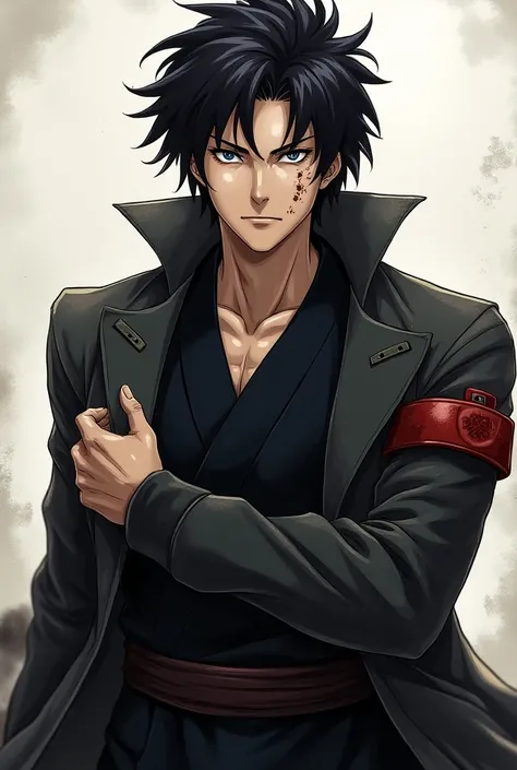  Ryu Saito has an athletic and agile physique ,  with dark and messy hair and eyes that shine slightly when using his technique. His face has some scars ,  giving him an intense and determined expression .  He wears a dark and worn uniform with a long coat...