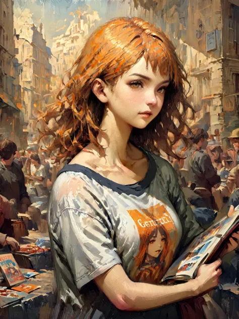 low detail, 8k, 1 beautiful girl, (manga,realistic), (oil painting painted in sfumato technique), upper body, t-shirt with a zen...