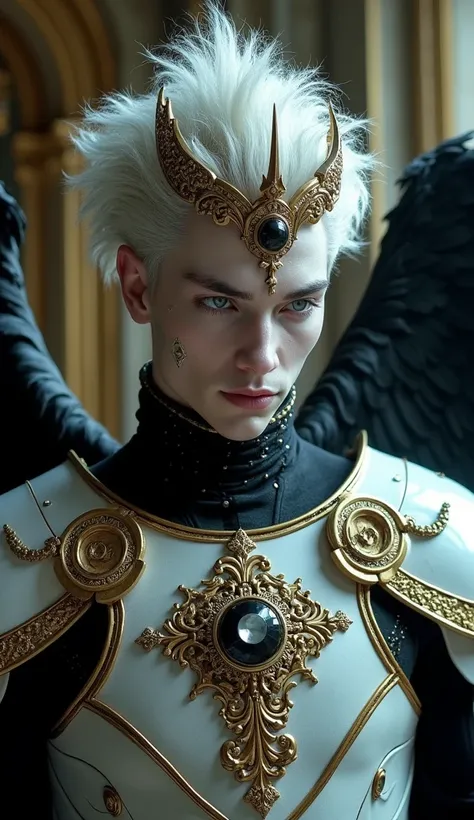 "A hyper-realistic close-up of a dark, ethereal male character with an intense, otherworldly beauty and baroque aesthetic. He has pale, almost stone-like skin with intricate black and gold filigree extending from his armor onto his face, blending seamlessl...