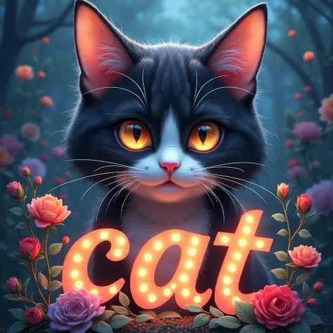 A pretty and sexy catgirl, beautiful detailed eyes,beautiful detailed lips,extremely detailed eyes and face,longeyelashes,cat is written in foreground in colorful letters made of flowers,1girl,digital painting,illustration,highly detailed,intricate,cinemat...