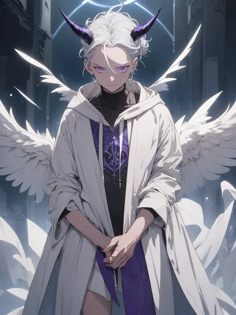 ( The best quality, masterpiece :1.3),1demon,only, silver hair, Bright pupils, short hair , slicked-back hair, Cupping of hands, Holding fluorescent bird , Shiny AI_pale blue grey background, boy, an open forehead, white hair braided in a bun on the left s...