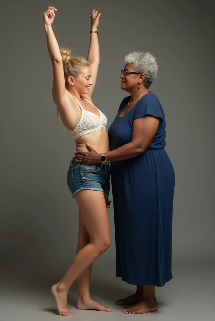 Create a photo of a 20 year old messy bun blonde young woman, with a muscular athletic body, wearing denim shorts and a white lace bra, with white and clear skin, barefoot, with arms raised high while being groped by 80 year old obese, dark black skinned w...