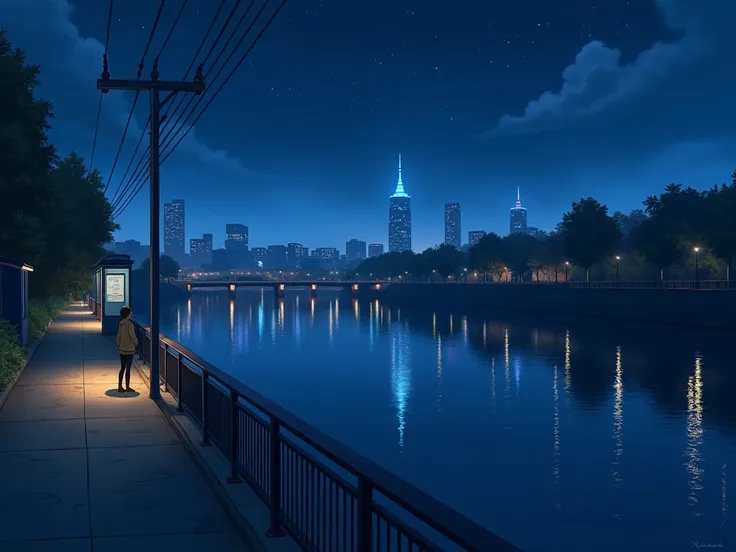 river bridge night scene concept art inspired by Makoto Shinkai, pixiv,  concept art , ( (  makoto shinkai  ) ),  random background scene , style of  makoto shinkai , anime background , in style of  makoto shinkai , beautiful anime scene,  makoto shinkai  ...