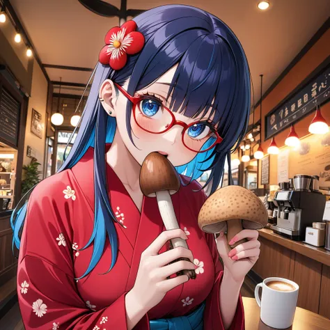 (best masterpiece, high resolution: 1.5), (8K, RAW photo, fisheye effect, perfect anatomy, golden ratio: 1.3), pointillism, professional photography, gaze, lone Japanese idol, (real: 0.5 ), (Holding and eating the long stem of a brown shiitake mushroom: 1....