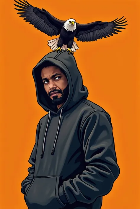  A rapper with a hood  (  on ne voit que ses yeux sur son visage ),  and an orange background  ,  an eagle flies over everything 
 .  All this with cartoon graphics  