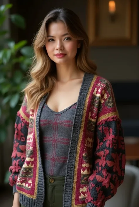 "A woman is wearing a stunning, handmade knitted woolen sweater with an elegant open-front design, featuring intricate 3D patterns in vibrant, complementary colors on a sophisticated, contrasting base color. The open-front style gives the sweater a chic, f...