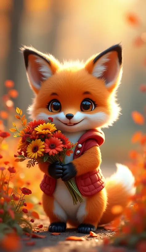 a cute little fluffy fox with big eyes in a red vest with a white edge in a lush red skirt holds a beautiful autumn bouquet in her paws, joyful around autumn bushes brightly colorfully beautiful