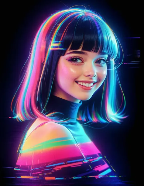 RGB Color Shift, chromatic aberration, RGB Shift, Video Glitch Photo Effect, Color Noise Texture, Video-like noise processing. Highly detailed, Romantic Retro Pop Background, vaporwave style. beautiful face Retro girl, , neat straight bangs arranged horizo...