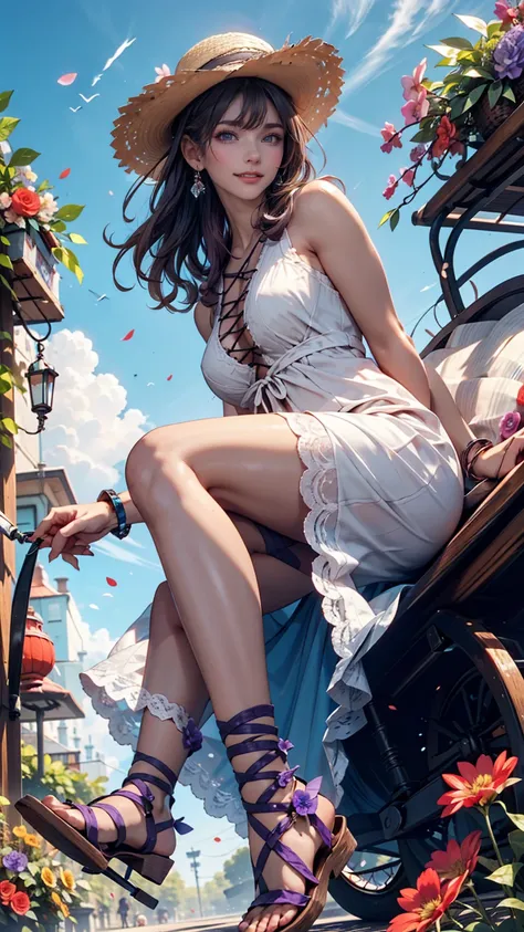  wooden wagon with flowers in full bloom 、24 year old Caucasian female、purple hair purple eye makeup 、 long lashes、 lip gloss、 semi-long hair 、 wide-brimmed straw hat with flower decoration、Summer Dresses、 Lace-Up Sandals、 silver accessory on the wrist 、bl...