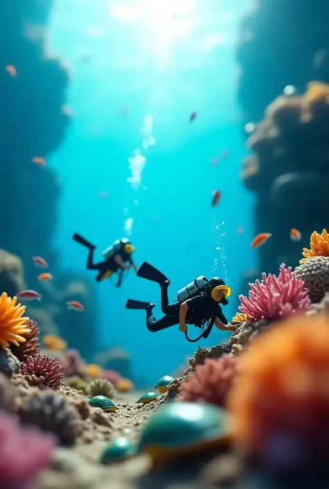 A miniature photography style scene capturing an exciting underwater scuba diving adventure in the morning, featuring vibrant coral reefs, small schools of fish, and miniature divers exploring the underwater scenery. Colorful marine life surrounds the dive...