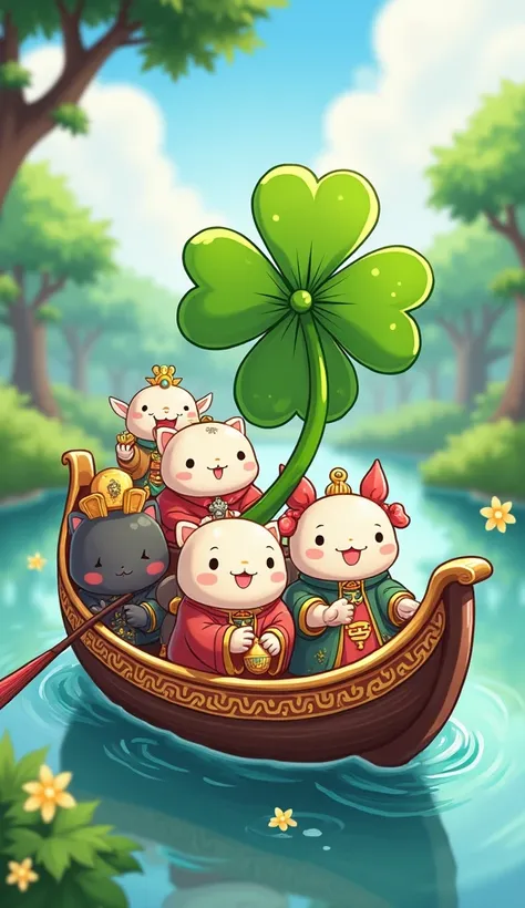  four-leaf clover🍀、Cute Seven Lucky Gods 、Boat、