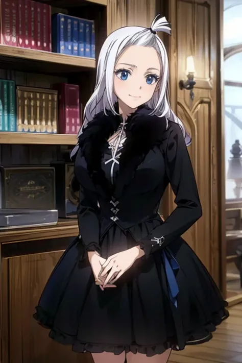 (Best Quality, 4k, 8k, Hi-Res, Masterpiece: 1.2), Ultra-Detailed, Realistic, Photorealistic: 1.37, Mirajane Strauss, beautiful woman with long straight wavy white hair and blue eyes, with a beautiful smile, wearing a beautiful long-sleeved black dress 