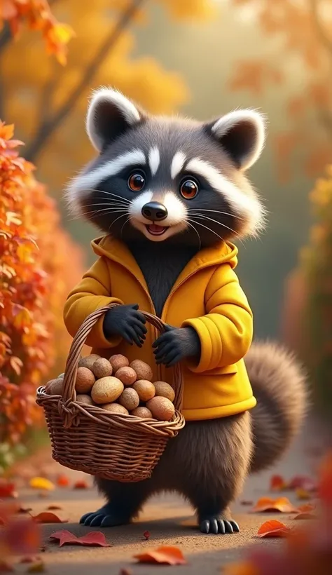 a cute little fluffy raccoon with big eyes in a yellow jacket holds a basket of nuts in its paws, joyful around the autumn bushes are brightly colorfully beautiful