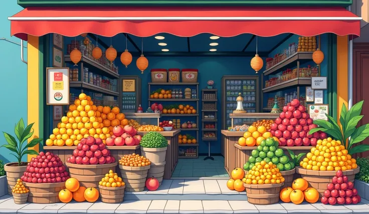 The front of the store, flat, full of goods, fruits of various colors, cute pictures, rich colors, piles of objects, signs, lines::2 , illustration feeling, super clear painting style