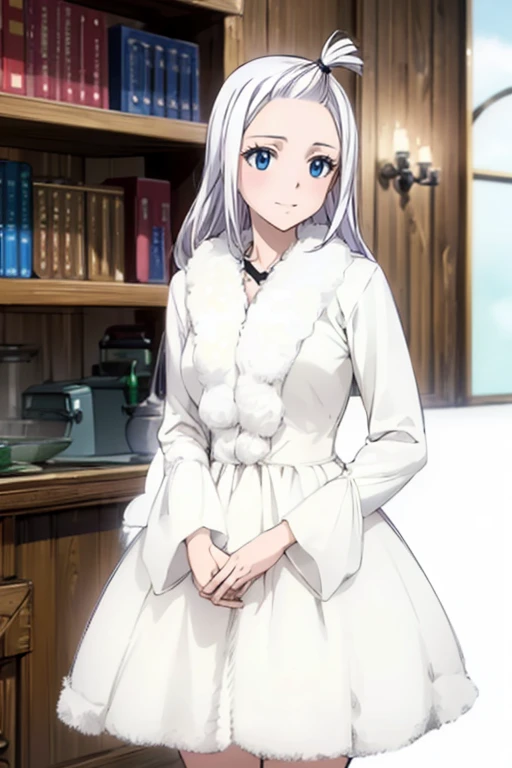 (Best Quality, 4k, 8k, Hi-Res, Masterpiece: 1.2), Ultra-Detailed, Realistic, Photorealistic: 1.37, Mirajane Strauss, beautiful woman with long straight wavy white hair and blue eyes, with a beautiful smile, wearing a beautiful long-sleeved black dress 