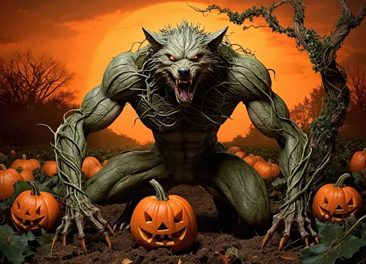 After trespassing into a haunted pumpkin patch, a man falls to his hands and knees as he transforms into a pumpkin beast. His penis turns into a thick vine that grows downward and roots itself into the soil below. His rear becomes a pumpkin with its stem b...