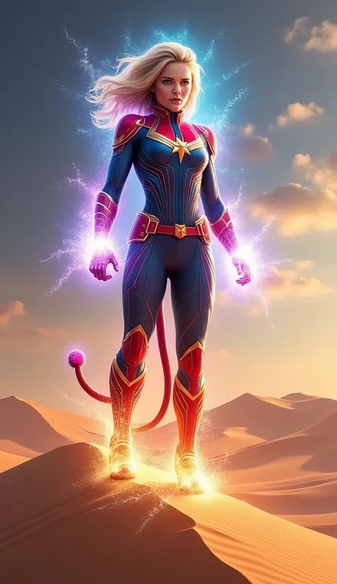 A cosmic creature blending Captain Marvel and a lioness stands proudly on a desert dune, its form pulsing with an ethereal energy and cosmic light. The lioness’s sleek physique adds grace, and FUSION is displayed at the bottom, representing boundless stren...