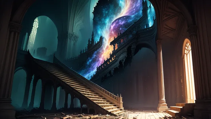 lost memory fantasy scene, staircase is collapsing with galaxy surreal in the dark background