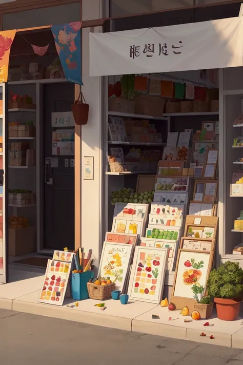 The front of the store, flat, full of goods, fruits of various colors, cute pictures, rich colors, piles of objects, signs, lines::2 , illustration feeling, super clear painting style