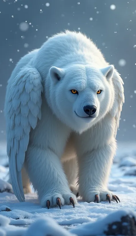 Imagine a powerful fusion of a polar bear and a snowy owl, with the massive size and strength of a bear, and the pristine white feathers of an owl spread across its back and wings. The creature’s head is an eerie mix of owl eyes and a bear’s snout, with sh...