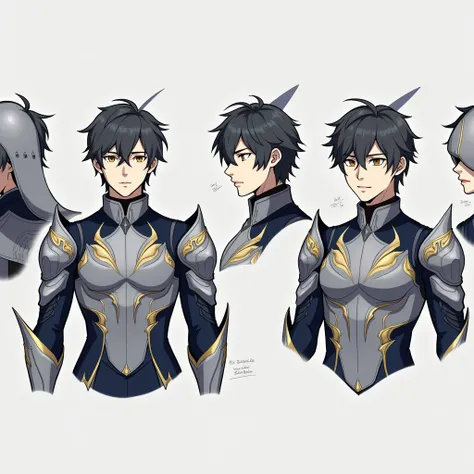  Full size image ,  full body, from head to toe,  in profile and in front of , Young boy, 19 years old, male anime character ,  the Bluefish ,  armor based on his animal spirit, warrior, fighter,  with metal armor , full body armor,  armor fights ,  taking...