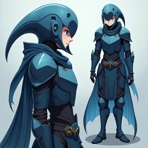  Full size image ,  full body, from head to toe,  in profile and in front of , Young boy, 19 years old, male anime character ,  the Bluefish ,  armor based on his animal spirit, warrior, fighter,  with metal armor , full body armor,  armor fights ,  taking...