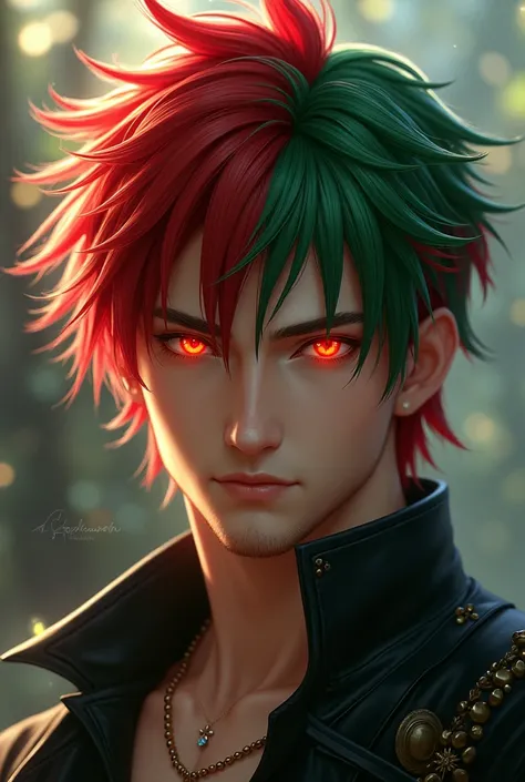 1 person、male、  Final Fantasy、nice、Red Hair、under-two-tone green hair、red eyes、male、 Eye glows red 、 turn your gaze , Wear an aura、 high definition,  backlight , 