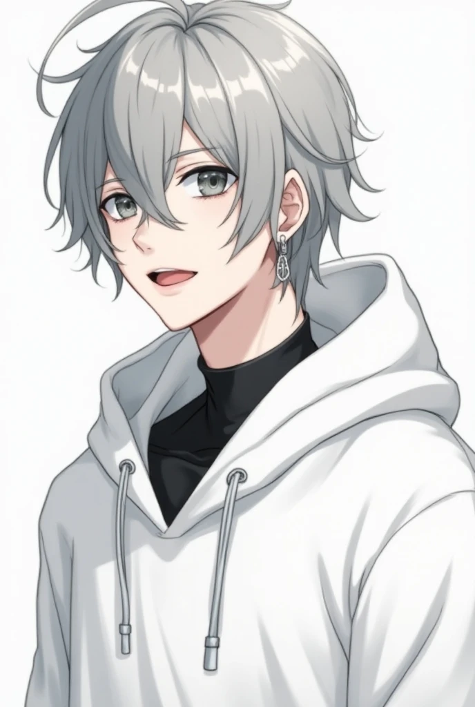  1 man , gray hair close to black , Karma hair，Hair clipped back  、Center parted bangs, Two block cut hair， Nihilistic smile， oversized front opening hoodie（White hoodie），Double ear silver earrings 