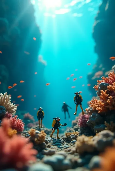 A miniature photography style scene capturing an exciting underwater scuba diving adventure in the morning, featuring vibrant coral reefs, small schools of fish, and miniature divers exploring the underwater scenery. Colorful marine life surrounds the dive...