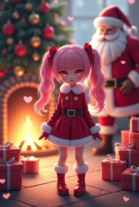 masterpiece,  best quality,  1 girl, Alone,  cute、Girl、Petite、Small breasts、 pink hair,pink colored eyes 、 Long Hairstyle 、 Twin Tails、smile、Lots of hearts、 Santa cosplay、Red clothes、Red Boots、 red skirt 、fireplace、 present、 Santa Claus in boots 、Muscular、...