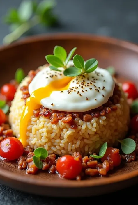 Do me a plating for my menu, it is a java rice surrounded by sweet pepper bacon bits and egg on top of java rice. Using a wooden plate