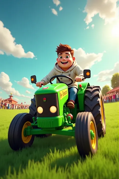 "Create an image of MrBeast, wearing a casual outfit with his signature hoodie, enthusiastically driving a bright green tractor through a lush, open field. The sun is shining, and there are a few excited fans in the background, waving and cheering. The tra...