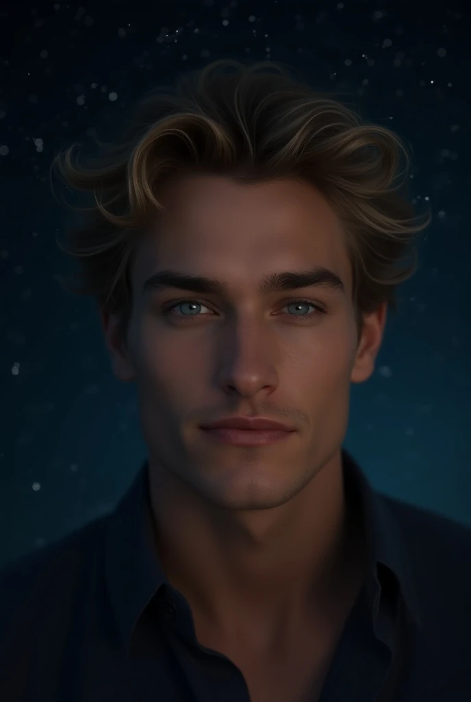 (photorealism:1.2), a handsome young man, with pale skin, blue eyes, dark blonde wavy hair and hes smirking, behind him is the night sky