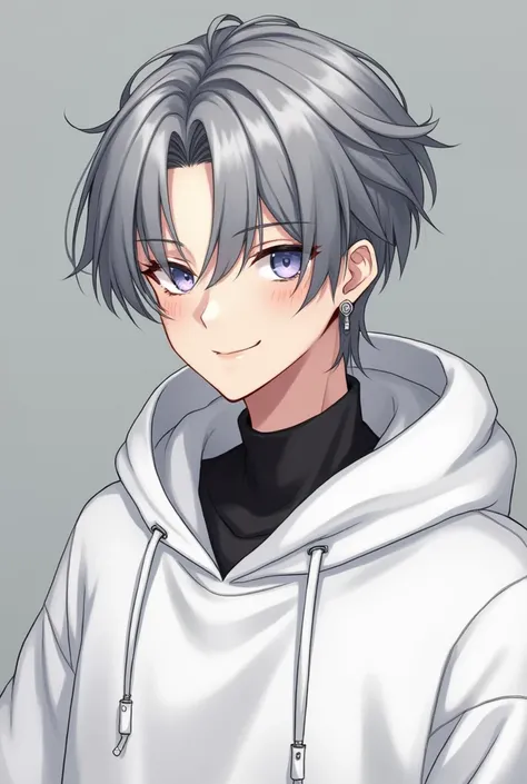  1 man , gray hair close to black , Karma hair，Hair clipped back  、Center parted bangs, Two block cut hair，  Fearless Smile ，oversized front hoodie（White hoodie），Double ear silver earrings 