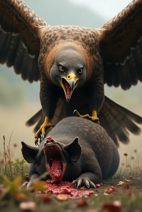 A hawk (Animal) Eating a Pig