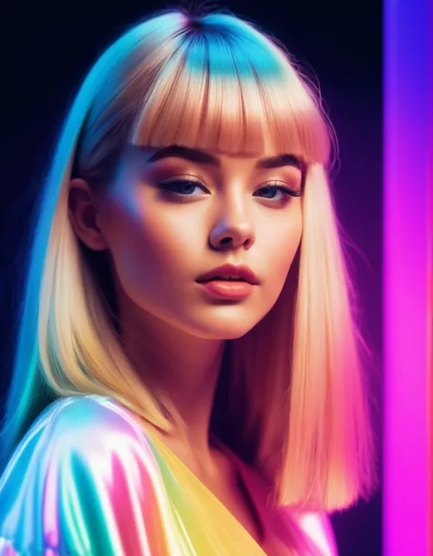 RGB Color Shift, chromatic aberration, RGB Shift, Video Glitch Photo Effect, Color Noise Texture, Video-like noise processing. Highly detailed, Romantic Retro Pop Background, vaporwave style. beautiful face Retro girl, , neat straight bangs arranged horizo...