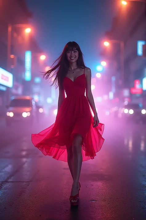 Happy birthday 🎈🎂 aru with red hot dress on road road is full flash light night time with full form fog and smog 