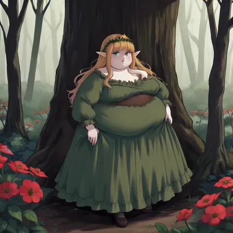  the beautiful Queen of the Elves ,obesity,  wearing a crown of thorns ,full body,
Forest and flowers in the background ,
 Abigail Larson, achromatic ,
masterpiece,  ultra high res,  high quality,