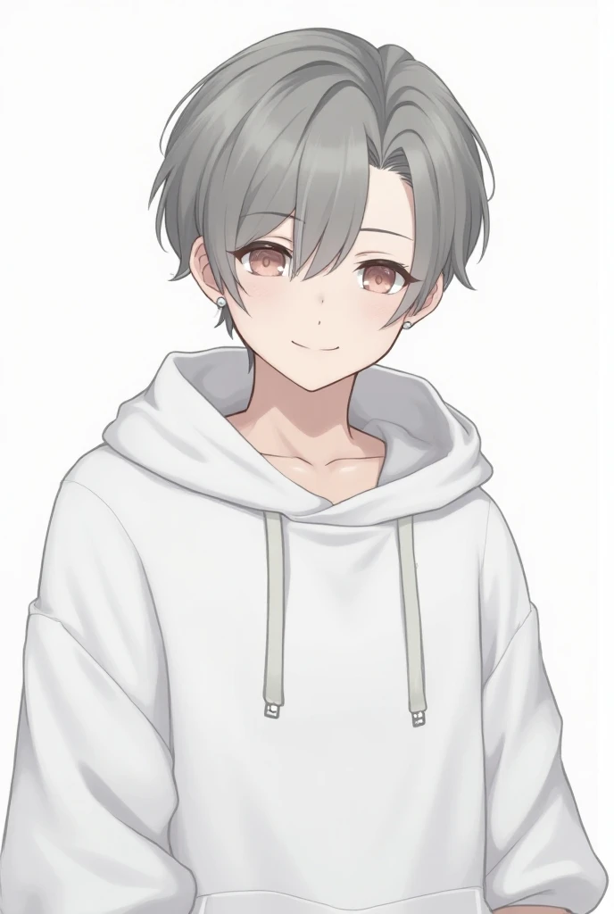  1 man , gray hair close to black , Karma hair，Hair clipped back  、Center parted bangs, Two block cut hair，  Fearless Smile ， oversized front opening hoodie（White hoodie），Double ear silver earrings ， little s