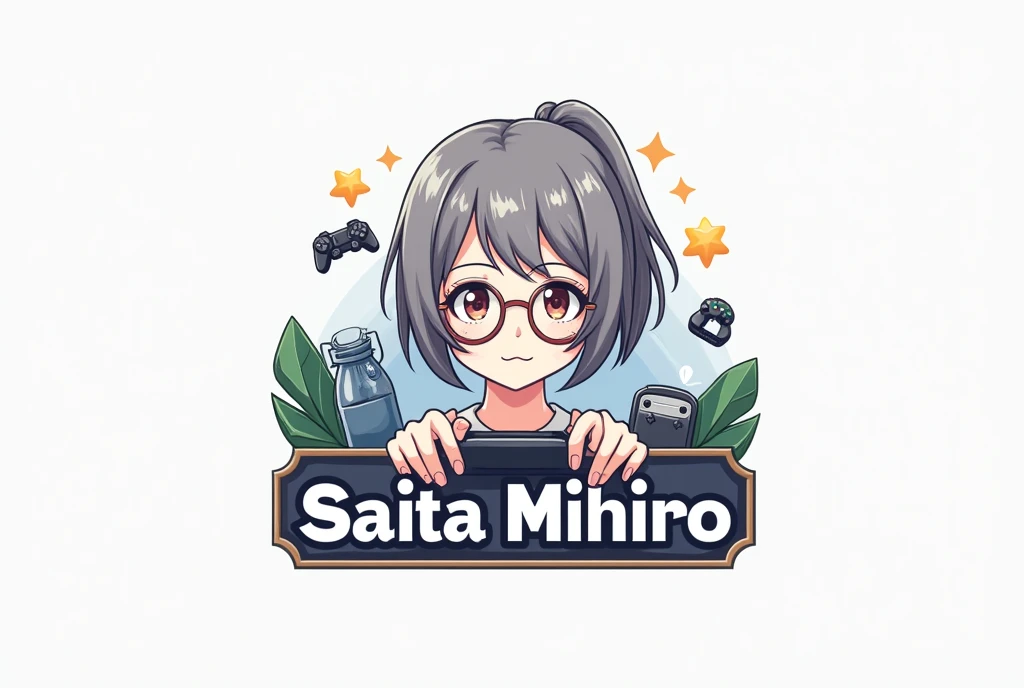  logo with Saita Mihiros name、short gray ponytail 
、Round Glasses、  Women playing games、  High image quality 