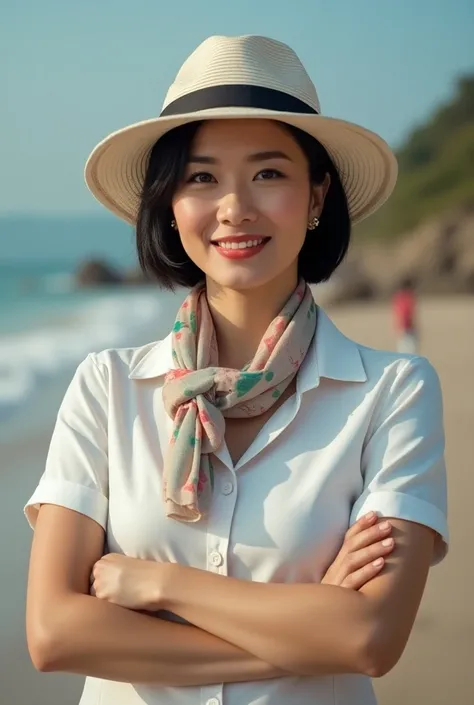 photorealistic, portrait of a news anchor woman, smart middle age chinese female, moderate body, stylish short black hair, smart looking & professional, dressed in polo shirt, with scarf & white hat , 3/4 full body in view, happy relaxing motion, on trip b...