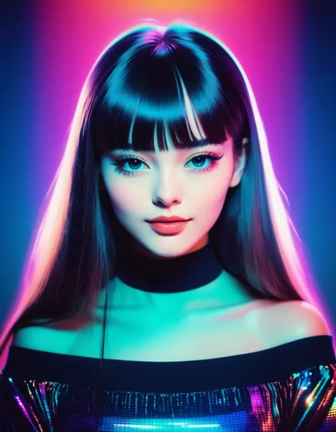 RGB Color Shift, chromatic aberration, RGB Shift, Video Glitch Photo Effect, Color Noise Texture, Video-like noise processing. Highly detailed, Romantic Retro Pop Background, vaporwave style. beautiful face Retro girl, neat straight bangs arranged horizont...